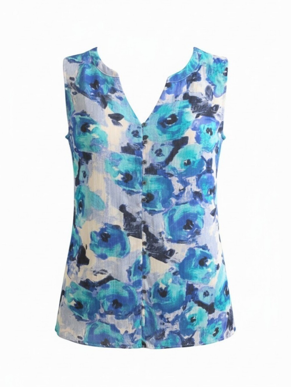 CROFT & BARROW Sleeveless Blue and Turquoise Crepe Floral Henley Top